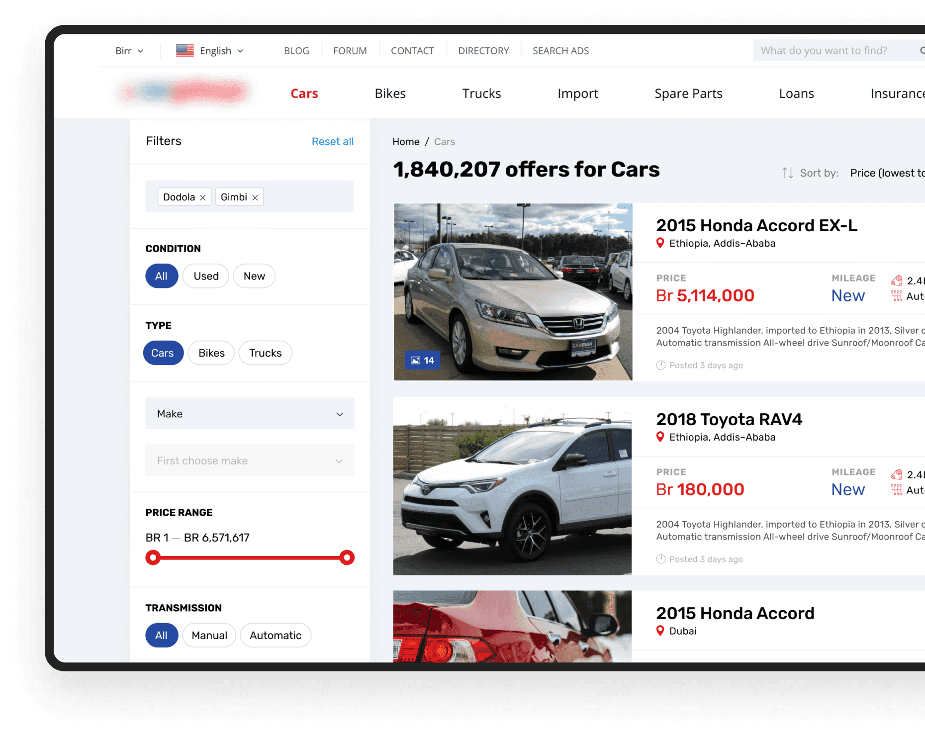 Advanced search filters on the car marketplace
