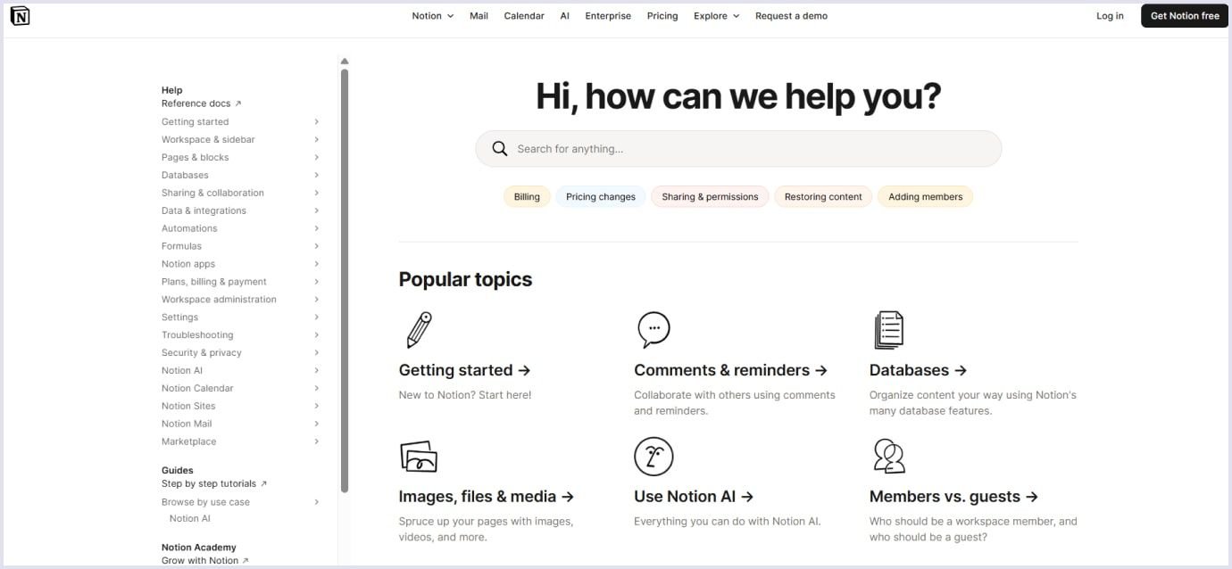 Notion documentation example Notion's help page