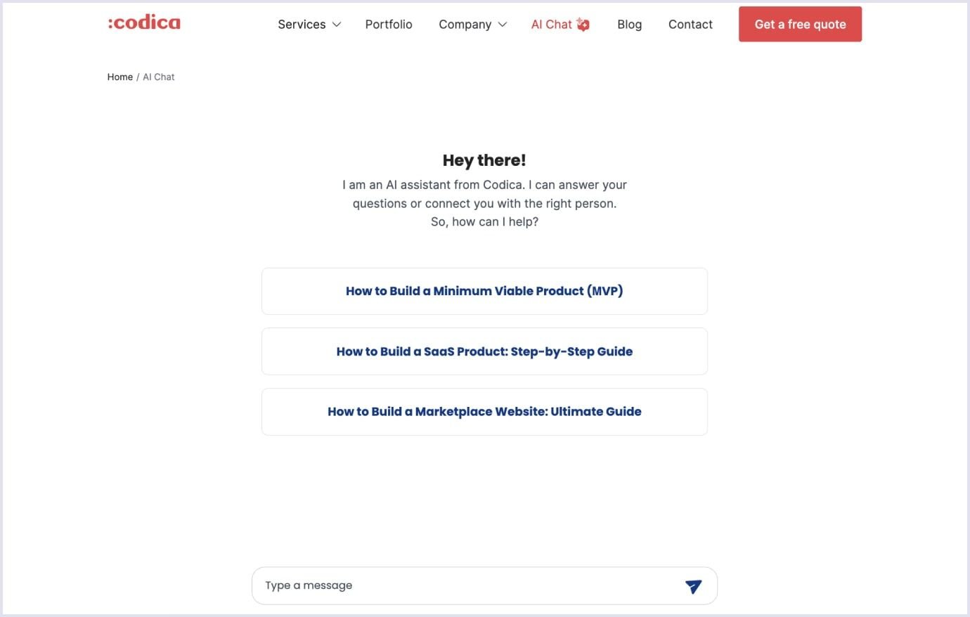 Screenshot of the Codica AI assistant page