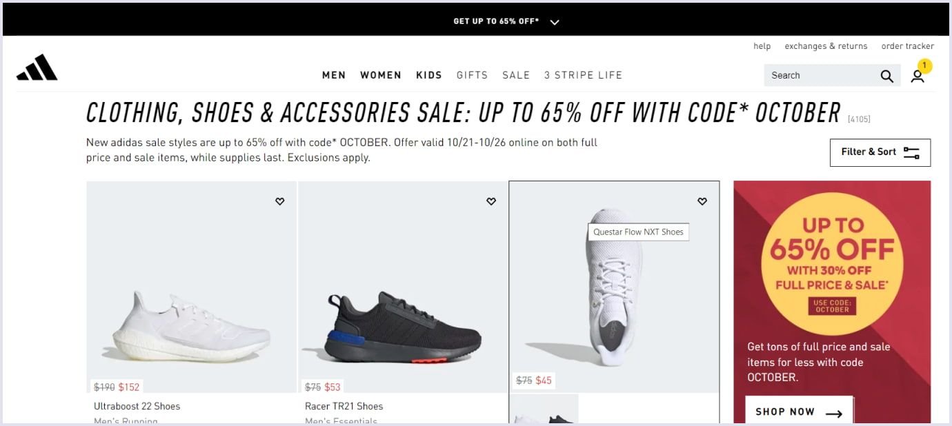 Example of web design by Adidas