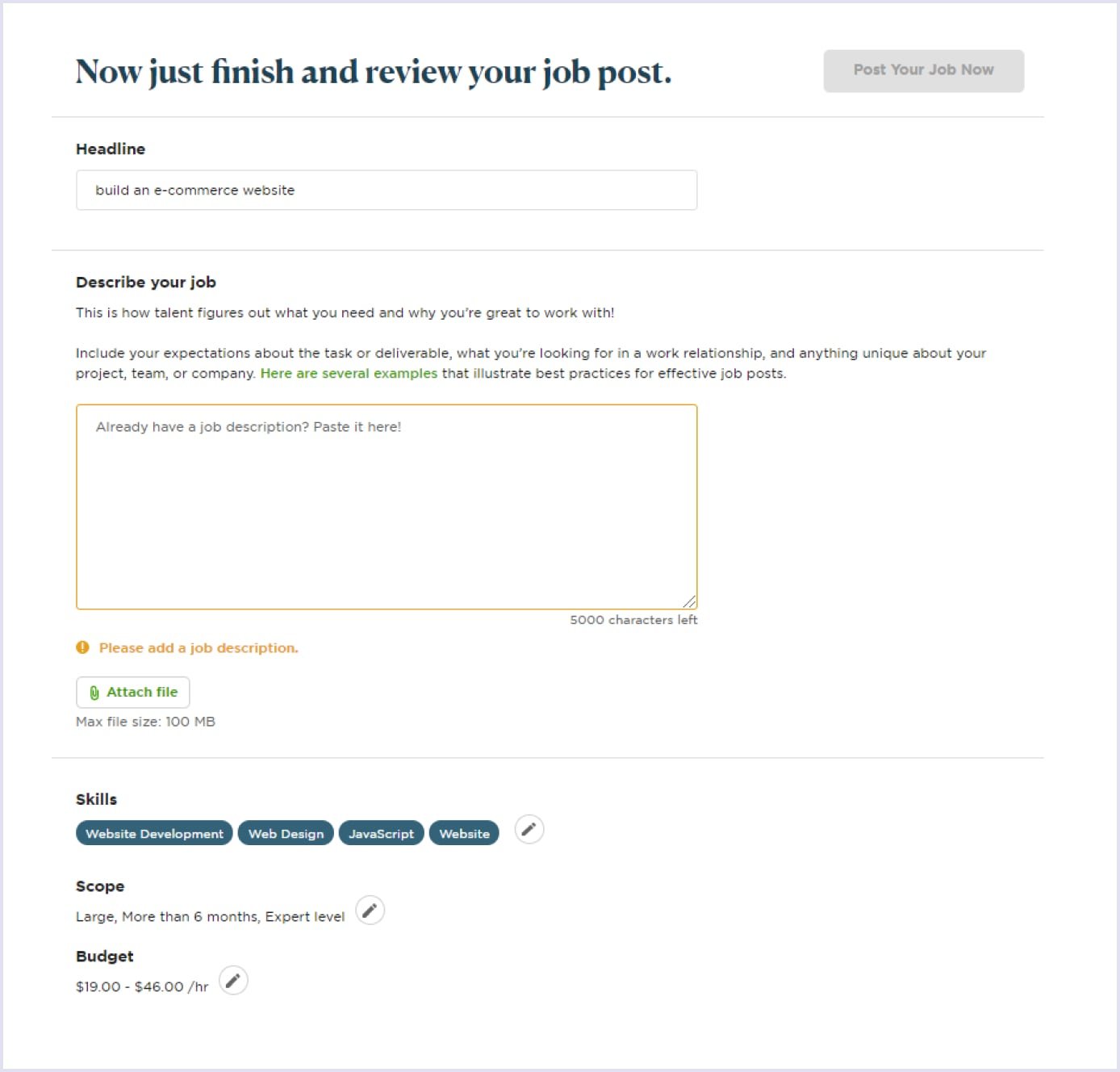 An example of a job post on  online freelance marketplace Upwork