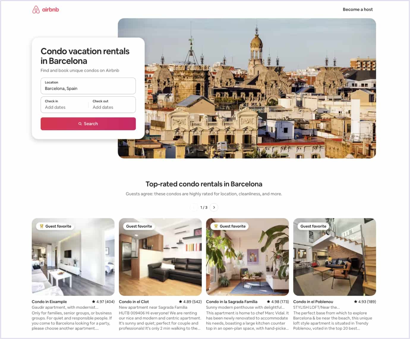 Airbnb listing page showing condos in Barcelona