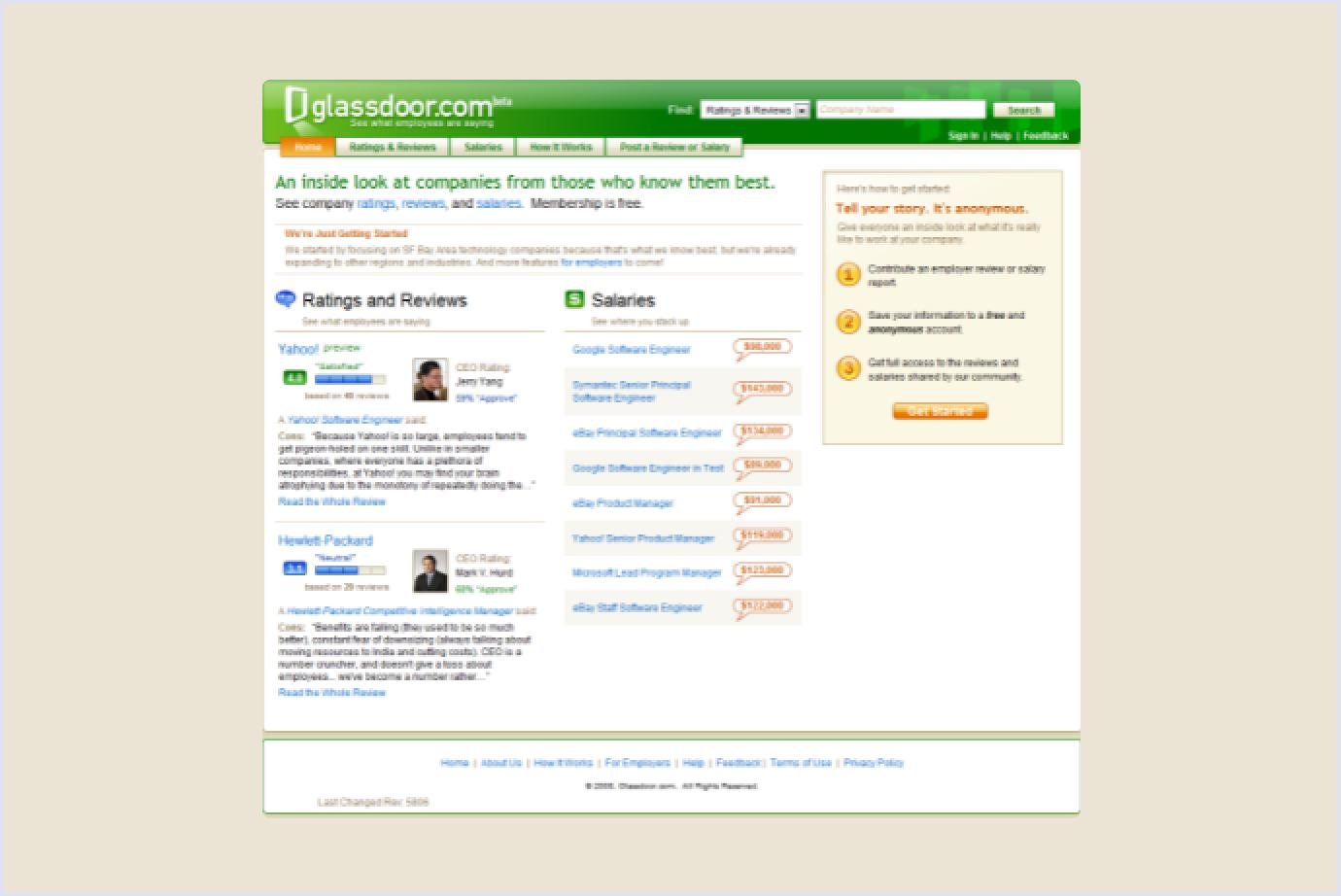 Early version of Glassdoor job board website Glassdoor job board website 2008