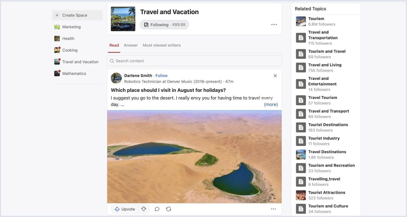 Quora Topic Page Quora’s Travel and Vacation space
