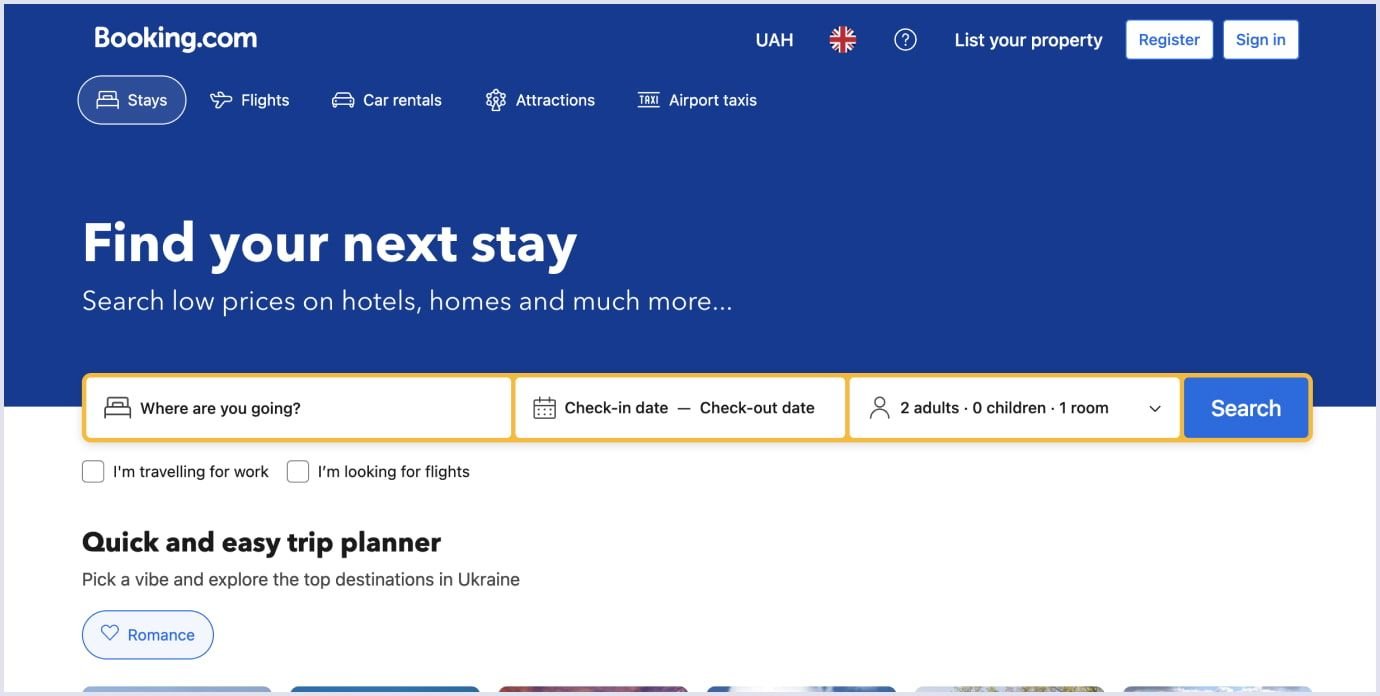 Home page of Booking.com